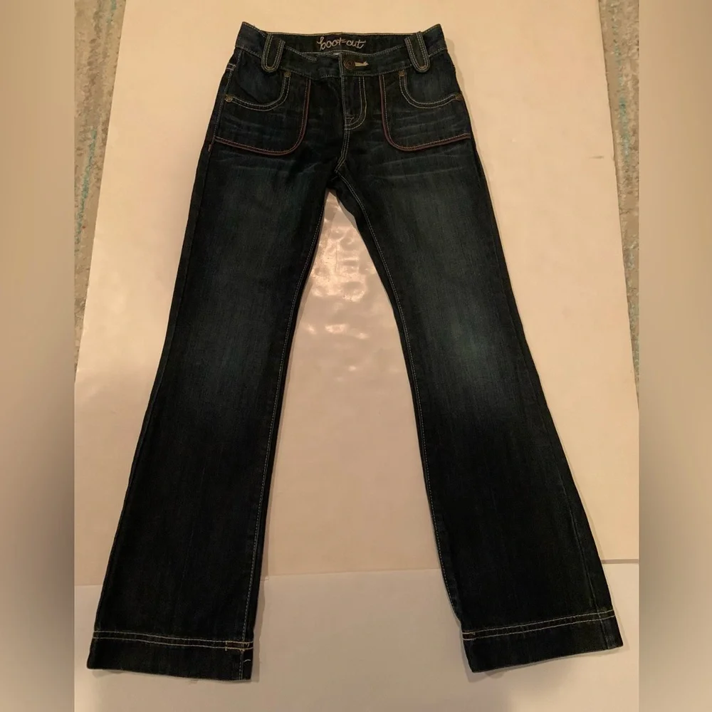 Old Navy Girls Size 8 Blue Denim Pink Details Boot Cut Jeans Adjustable Waist